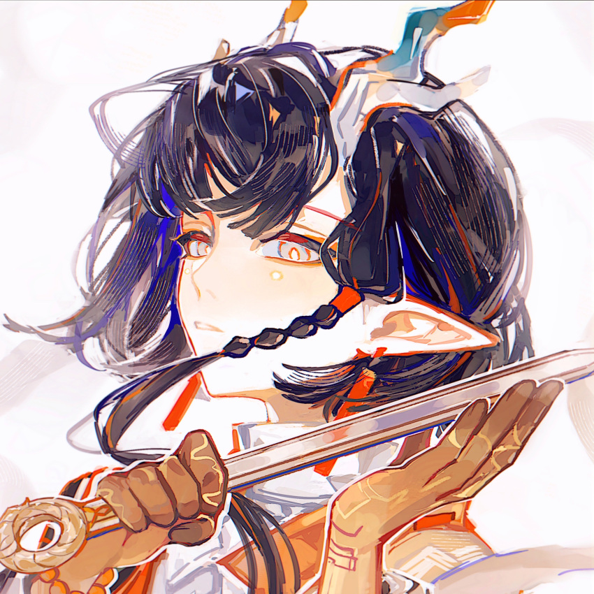 1girl, absurdres, arknights, black_hair, blunt_bangs, braid, brown_hands, chinese_commentary, colored_extremities, commentary_request, dragon_girl, dragon_horns, earrings, eastern_dragon_horns, grey_eyes, guo_yin_fanle, hands_up, highres, holding, holding_weapon, horns, jewelry, jie_(arknights), looking_at_viewer, parted_lips, pointy_ears, short_hair, side_braid, simple_background, solo, upper_body, weapon, white_background