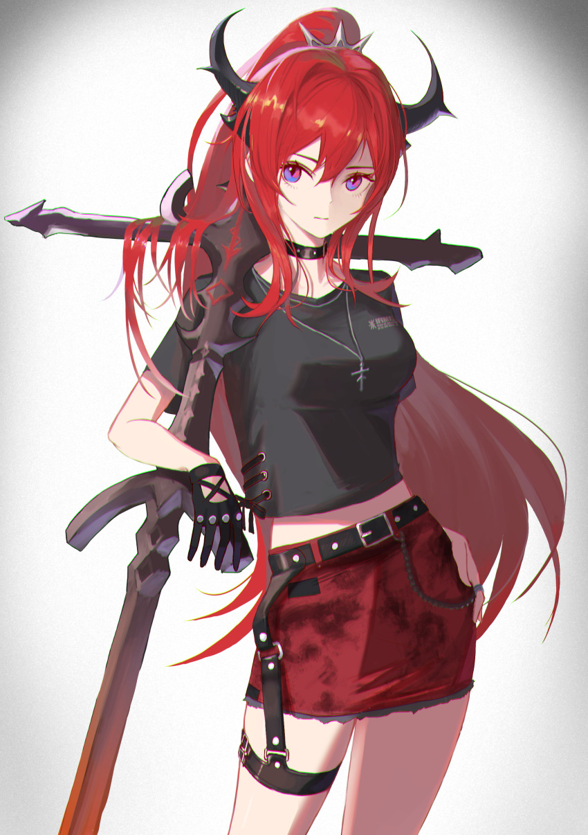 1girl, absurdres, arknights, bare_legs, belt, black_choker, black_gloves, black_shirt