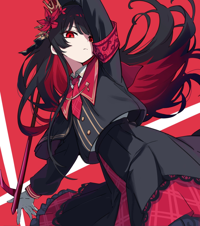 1girl, arm_up, armband, black_capelet, black_hair, black_shirt, black_skirt, capelet, colored_inner_hair, crown, dutch_angle, flower, frilled_skirt, frills, gloves, hair_flower, hair_ornament, highres, holding, holding_weapon, long_hair, mahou_shoujo_no_majo_saiban, multicolored_hair, necktie, nikaido_hiro, red_armband, red_eyes, red_flower, red_necktie, shirt, skirt, solo, waipiiy, weapon, white_gloves