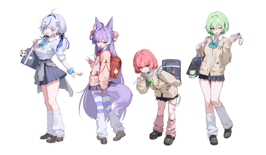4girls, absurdres, ahoge, aokumo_rin, aqua_bow, aqua_bowtie, backpack, bag