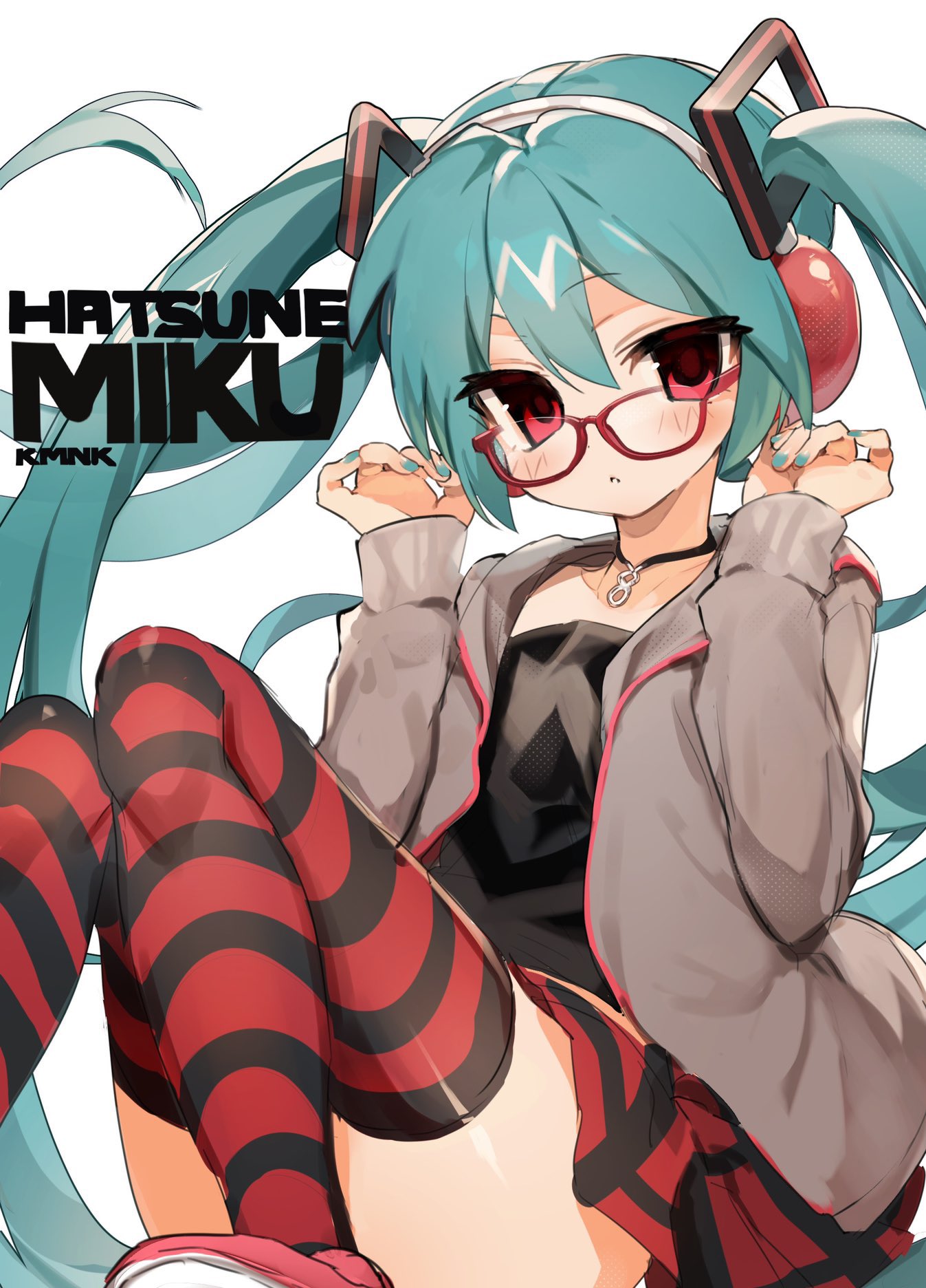 1girl, artist_name, black_shirt, black_skirt, black_thighhighs, blue_hair, blue_nails, blush