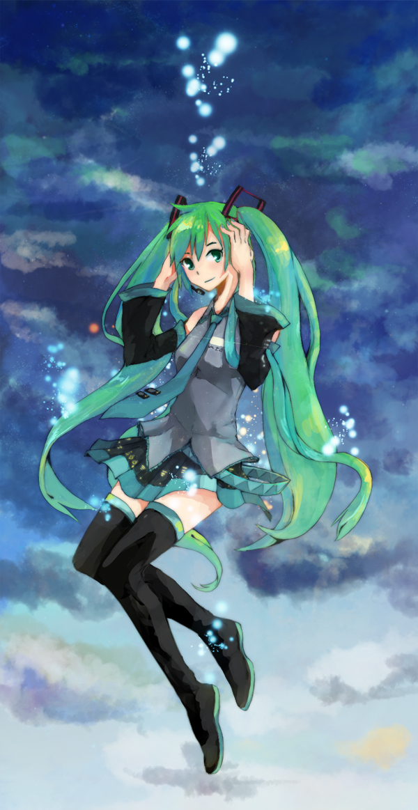 boots, catin, detached_sleeves, green_eyes, green_hair, hand_on_ear, hatsune_miku, long_hair