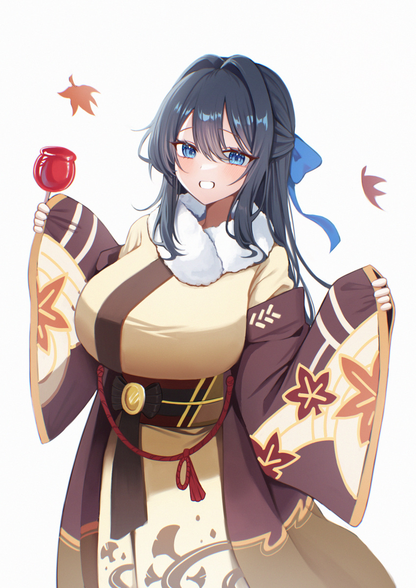 1girl, absurdres, black_hair, black_kimono, black_survival, blue_eyes, blush, commentary