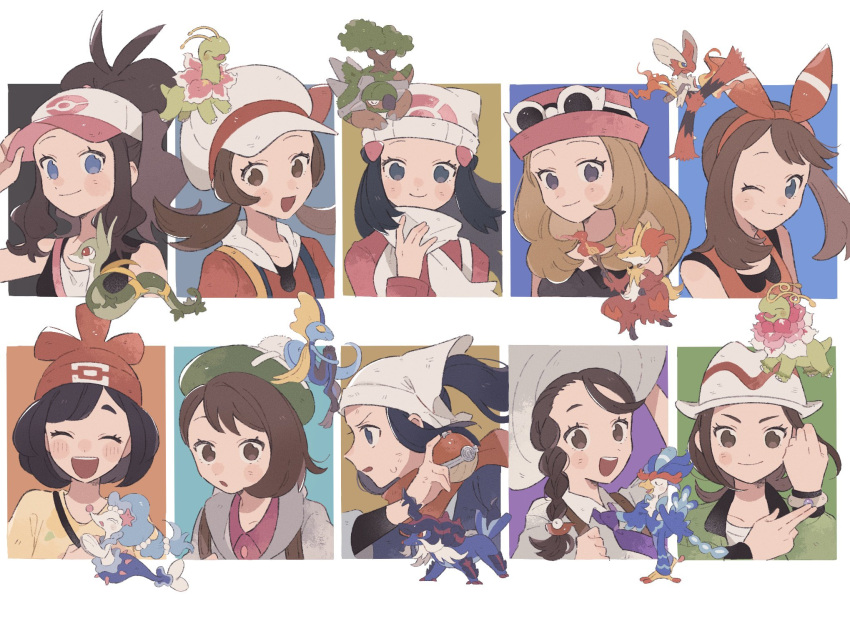 6+girls, akari_(pokemon), baseball_cap, beanie, black_hair, black_shirt, black_vest, blaziken
