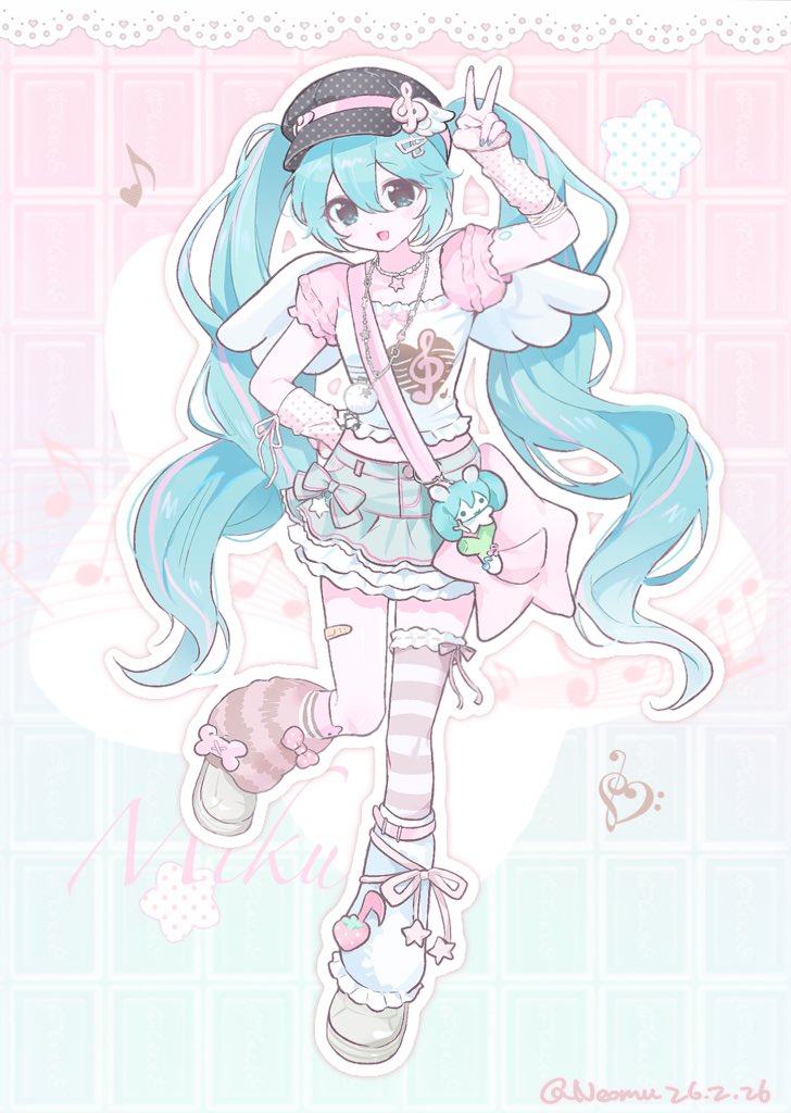 1girl, :d, arm_up, artist_name, asymmetrical_legwear, bag, black_hat, blue_hair, blue_skirt, brown_socks, brown_thighhighs, character_name, commentary, dated, dot_nose, double-parted_bangs, frilled_skirt, frilled_thighhighs, frills, full_body, gradient_background, green_shoes, hair_between_eyes, hat, hatsune_miku, kneehighs, long_hair, looking_at_viewer, miniskirt, omunako13, open_mouth, outline, pink_background, pink_sleeves, shirt, shoes, short_sleeves, single_kneehigh, single_sock, single_thighhigh, skirt, smile, socks, solo, standing, standing_on_one_leg, striped_clothes, striped_socks, thigh-highs, twintails, uneven_legwear, v, vocaloid, white_outline, white_shirt