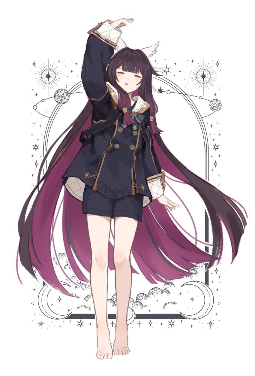 1girl, absurdres, arm_up, barefoot, black_bow, black_hair, black_jacket, black_shorts