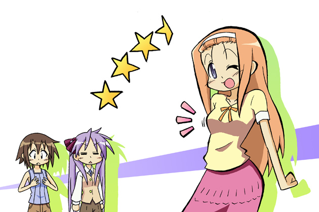 :<, breast_envy, casual, hiiragi_kagami, kusakabe_misao, long_hair, lucky_star, men_(artist)