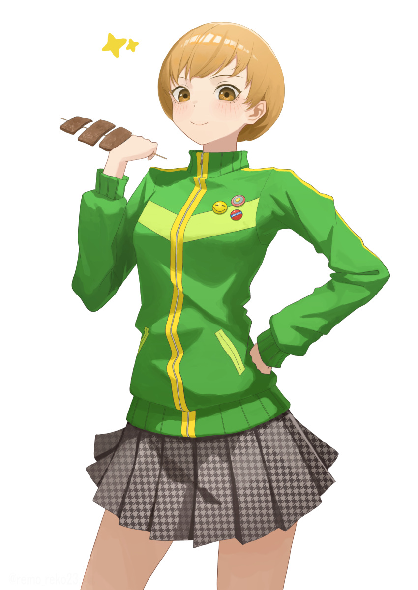 1girl, black_skirt, bob_cut, brown_eyes, brown_hair, closed_mouth, commentary_request, cowboy_shot, food, green_jacket, hand_on_own_hip, highres, holding, holding_food, holding_skewer, jacket, long_sleeves, looking_at_viewer, miniskirt, persona, persona_4, pleated_skirt, remo_reko23, satonaka_chie, short_hair, simple_background, skewer, skirt, smile, solo, track_jacket, white_background