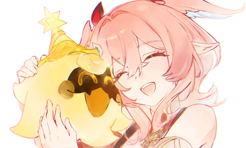 1girl, :d, ^_^, bare_shoulders, blush_stickers, closed_eyes, crossed_bangs, detached_collar