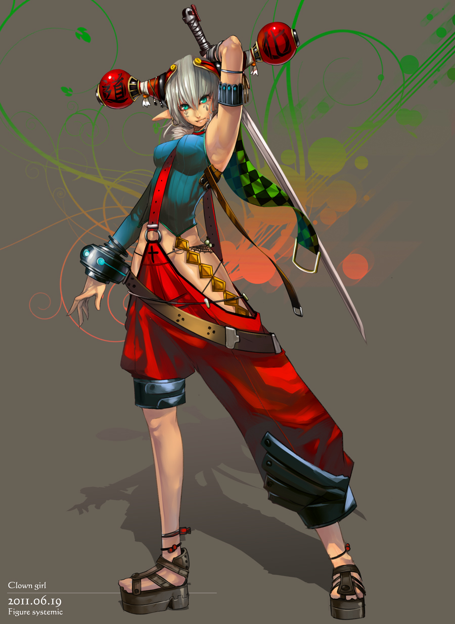 arm_up, armlet, armpits, asymmetrical_clothes, asymmetrical_clothing, bad_id, belt, between_breasts, breasts, clog_sandals, facial_mark, hair_ornament, highres, kotobuki_ryou, original, pointy_ears, short_hair, silver_hair, solo, sword, weapon