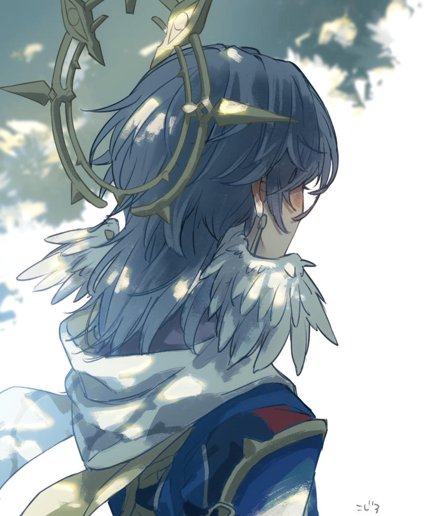 1boy, blue_jacket, earrings, english_commentary, feathered_wings, floating_clothes, from_behind, gold_earrings