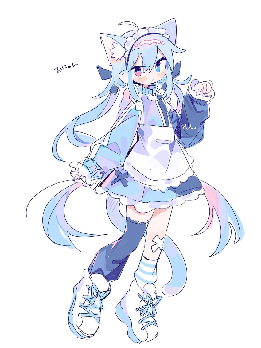 1girl, :o, animal_ears, apron, artist_name, asymmetrical_legwear, blue_eyes, blue_hair