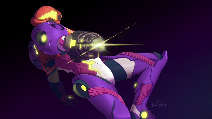 1girl, arm_cannon, armor, bawnzee, black_background, commentary, gravity_suit_(metroid), helmet