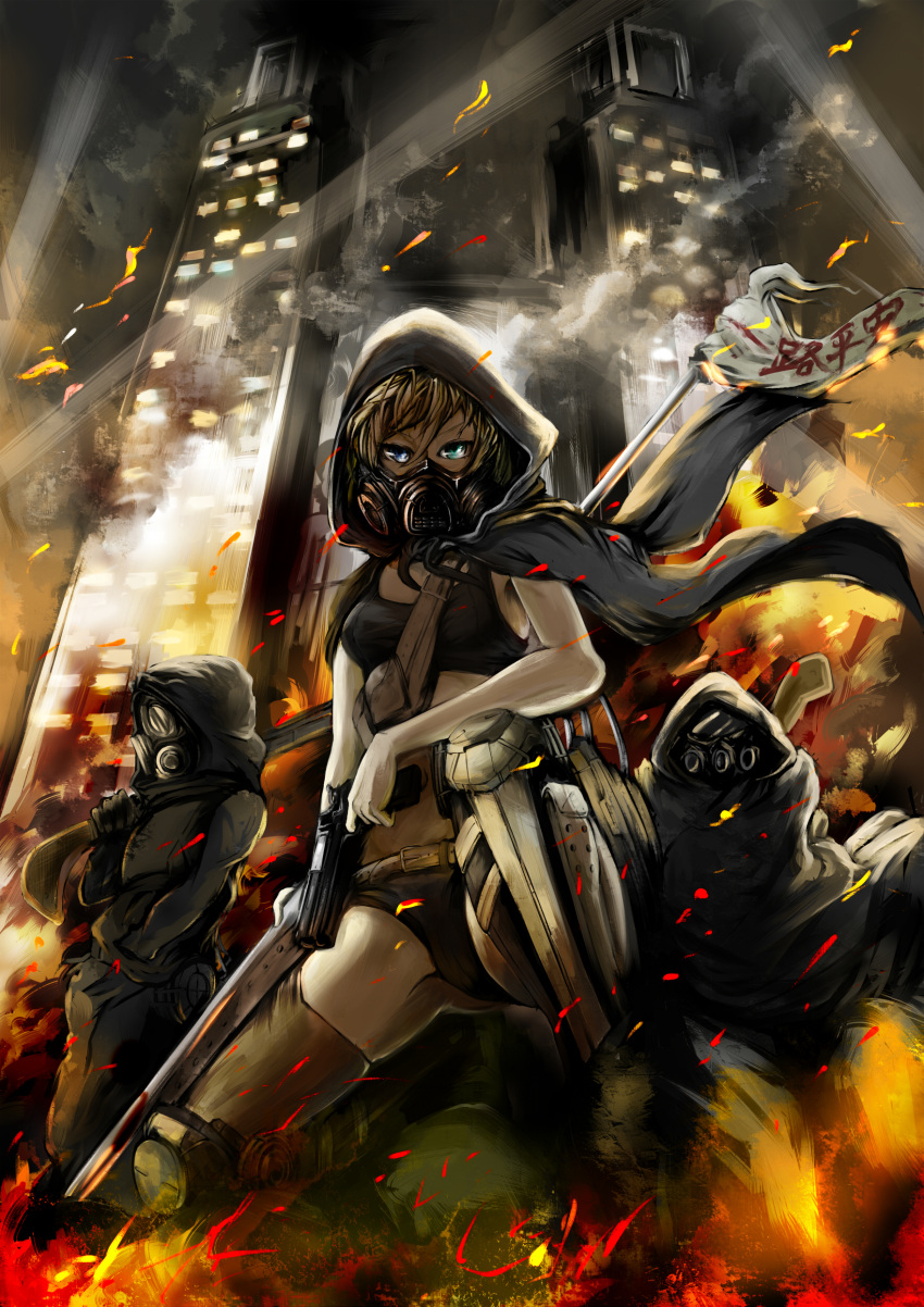 bad_id, blonde_hair, blue_eyes, fire, gas_mask, green_eyes, gun, handgun