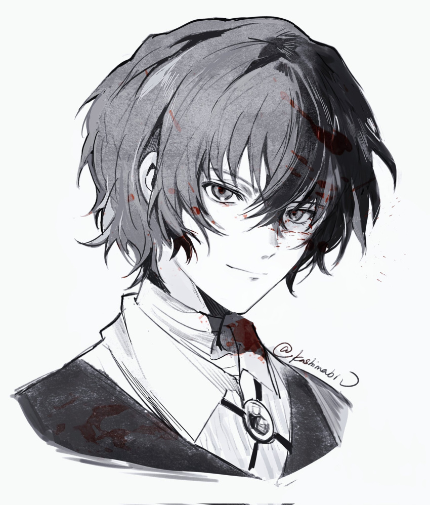 1boy, bandaged_neck, bandages, blood, blood_on_face, blood_splatter, bolo_tie, bungou_stray_dogs