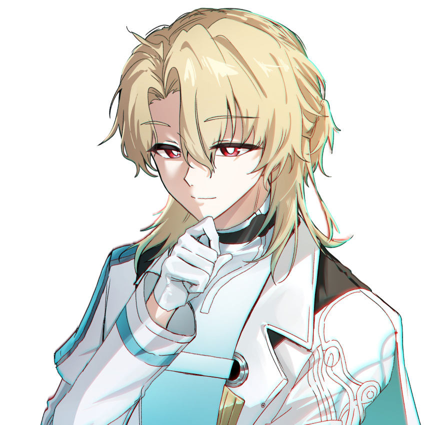 1boy, absurdres, aqua_shirt, blonde_hair, bright_pupils, chromatic_aberration, closed_mouth, coat, commentary_request, gloves, hair_between_eyes, hand_up, highres, korean_commentary, looking_at_viewer, luuk_herssen_(wuthering_waves), male_focus, ot11_to, red_eyes, shirt, simple_background, smile, solo, upper_body, white_background, white_coat, white_gloves, white_pupils, wuthering_waves