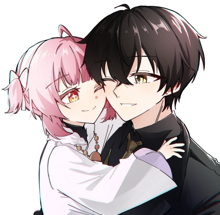 1boy, 1girl, adoptive_parent_and_adoptive_child, aemeath_(wuthering_waves), aemeath_(young)_(wuthering_waves), ahoge, black_hair, black_jacket, chromatic_aberration, closed_mouth, commentary_request, dress, father_and_daughter, hair_between_eyes, hairband, highres, jacket, korean_commentary, long_sleeves, looking_at_another, male_rover_(perpetual_spark)_(wuthering_waves), male_rover_(wuthering_waves), one_eye_closed, orange_eyes, ot11_to, rover_(wuthering_waves), smile, split_mouth, star-shaped_pupils, star_(symbol), symbol-shaped_pupils, white_dress, white_hairband, wuthering_waves, yellow_eyes