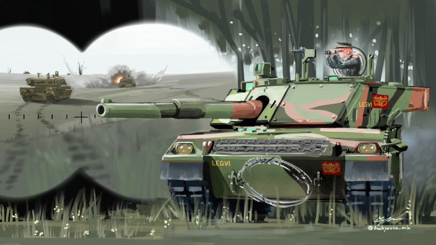 absurdres, armored_vehicle, binoculars, c1_ariete, cannon, caterpillar_tracks, commentary_request, commission