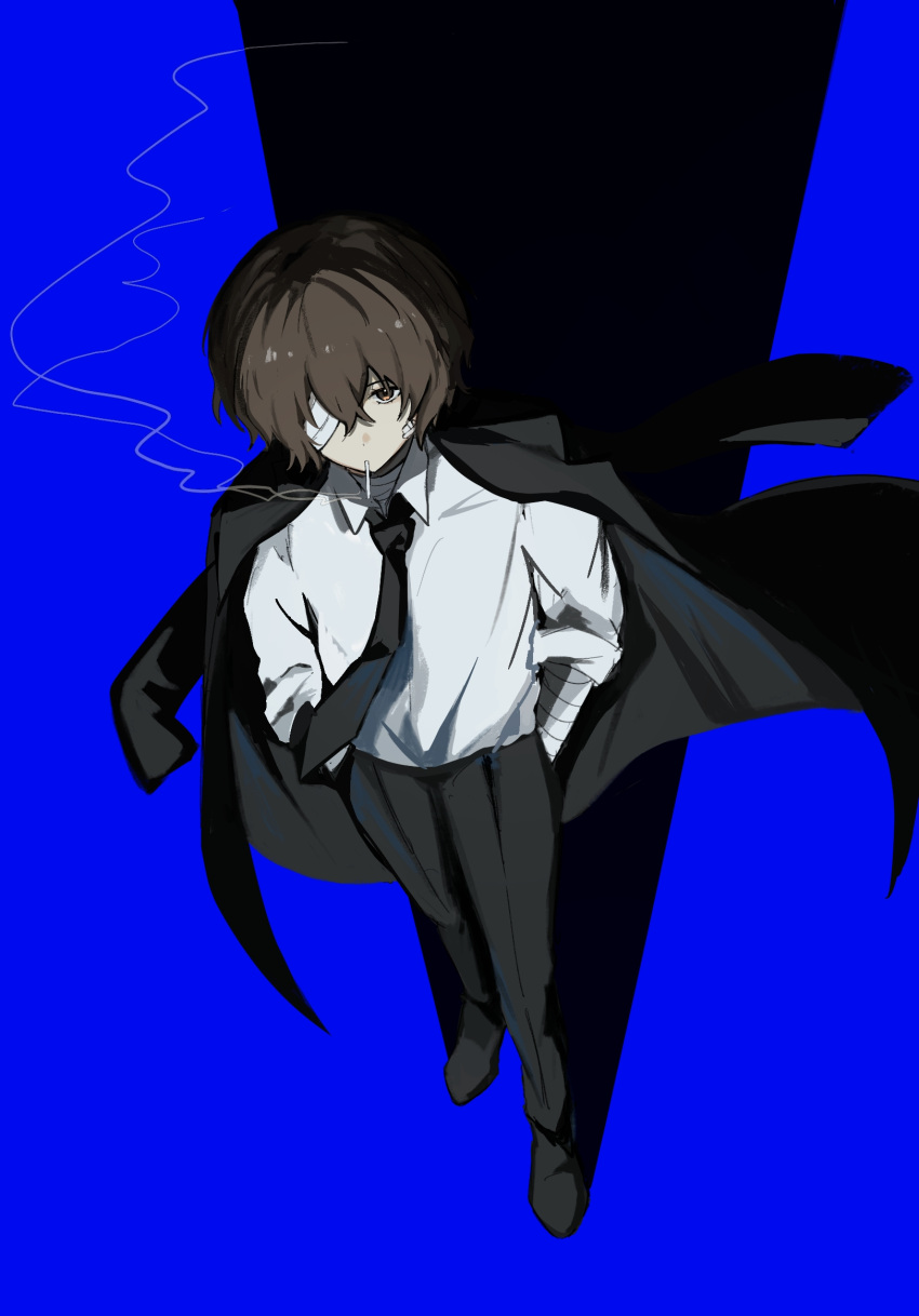 1boy, bandage_over_one_eye, bandaged_arm, bandages, black_coat, black_necktie, black_pants, brown_hair