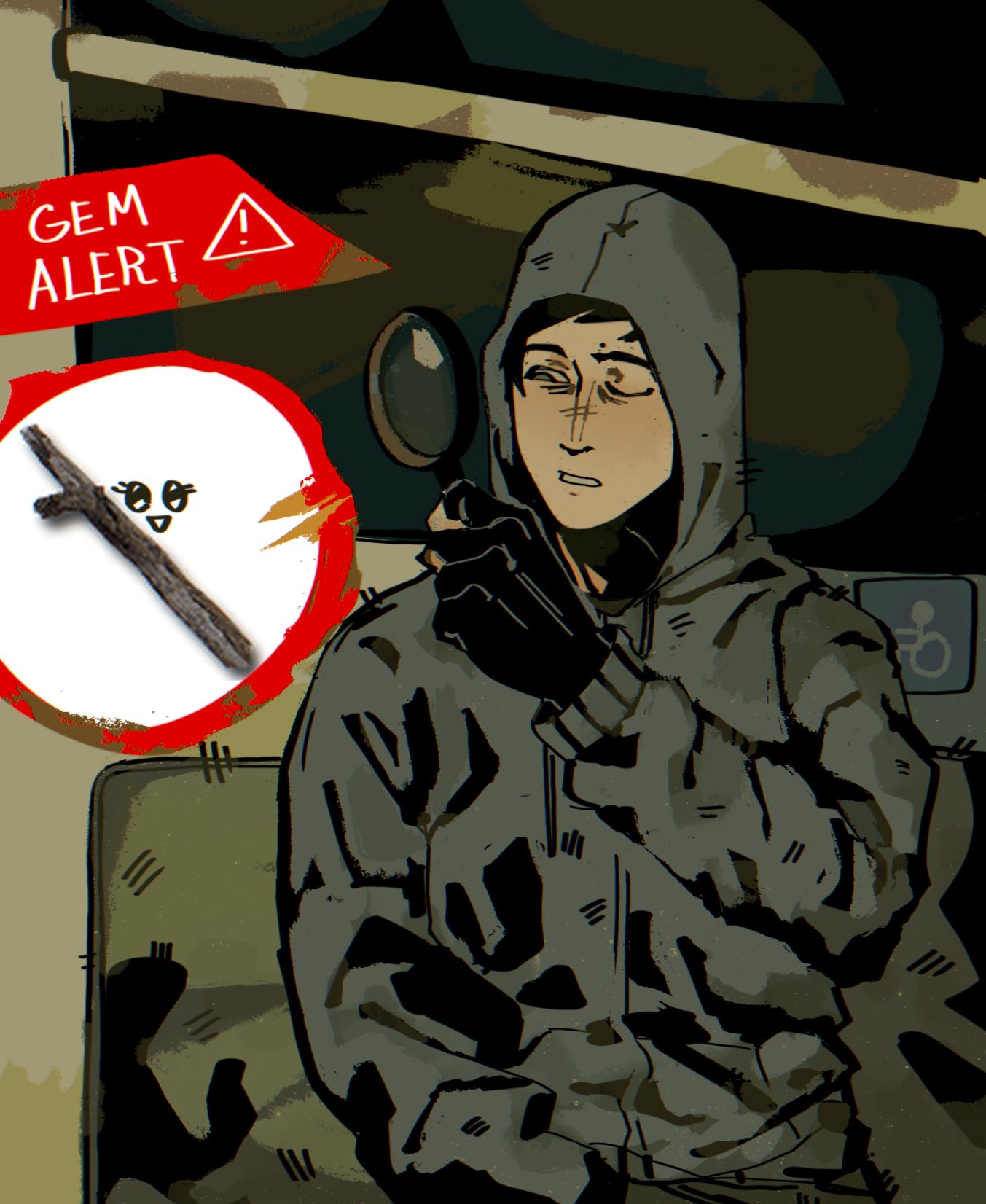 1boy, bgl997, black_eyes, black_gloves, bus_interior, commentary, cry_of_fear, english_commentary, english_text, fingerless_gloves, gem_alert_(meme), gloves, grey_hoodie, highres, holding, holding_magnifying_glass, hood, hood_up, hoodie, looking_to_the_side, magnifying_glass, male_focus, meme, one_eye_closed, simon_henriksson, sitting, solo
