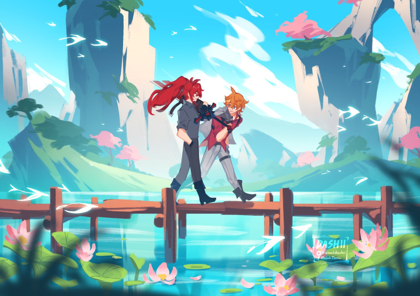 2boys, black_boots, blue_eyes, boots, cliff, dashii_(amoriiiiiiiix), diluc_(genshin_impact), full_body