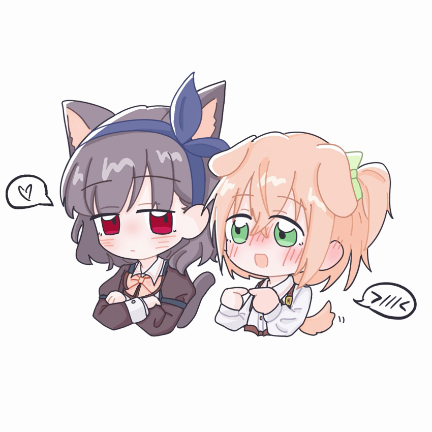 >_<, 2girls, :d, amamiya_sophia_seren, animal_ears, assault_lily, black_hair, blue_hairband, blue_ribbon, blush, bow, bow_hairband, bowtie, brown_jacket, cat_ears, cat_girl, cat_tail, chibi, chinese_commentary, closed_mouth, collared_shirt, commentary_request, cropped_torso, crossed_arms, crossed_bangs, dog_ears, dog_girl, dog_tail, ear_blush, green_bow, green_eyes, hair_between_eyes, hair_bow, hair_ribbon, hairband, hands_up, heart, highres, index_fingers_together, jacket, kasa_(kasa_mayulove), kemonomimi_mode, kuroki_francisca_yuria, long_sleeves, looking_at_another, looking_to_the_side, ludvico_private_girls'_academy_school_uniform, motion_lines, multiple_girls, nose_blush, one_side_up, open_clothes, open_jacket, orange_hair, pink_bow, pink_bowtie, red_eyes, ribbon, school_uniform, shirt, sideways_glance, simple_background, smile, speech_bubble, spoken_expression, spoken_heart, suspenders, tail, underbust, upper_body, white_background, yuri