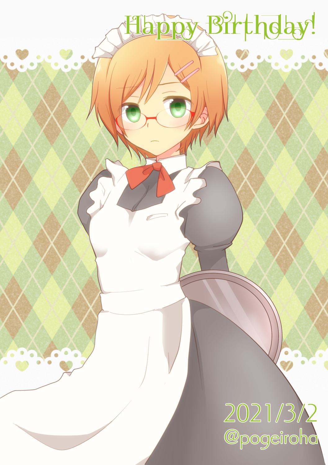 1girl, apron, argyle_background, artist_name, black_dress, brown_hair, commentary_request, dated
