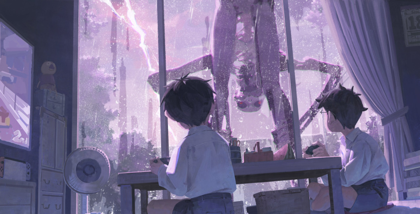 2boys, absurdres, backlighting, black_hair, blue_shorts, calendar_(object), child, chinese_commentary