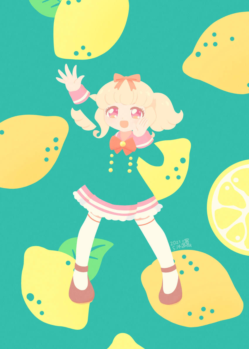 1girl, :d, absurdres, aikatsu!_(series), aikatsu_on_parade!, arm_up, blending, blonde_hair, bow, bowtie, brown_shoes, dress, flat_color, food, fruit, full_body, green_background, green_dress, hair_ribbon, hand_up, highres, kiseki_raki, lemon, long_hair, long_sleeves, looking_at_viewer, open_mouth, outstretched_arm, pantyhose, red_bow, red_bowtie, ribbon, school_uniform, shoes, sidelocks, smile, solo, standing, star_harmony_academy_school_uniform, twintails, white_pantyhose, yu_rune