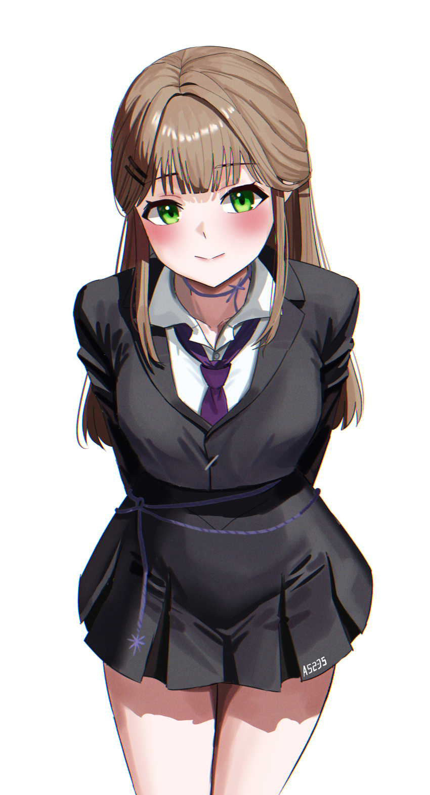 1girl, a5235, absurdres, arms_behind_back, artist_name, black_jacket, black_skirt, blazer