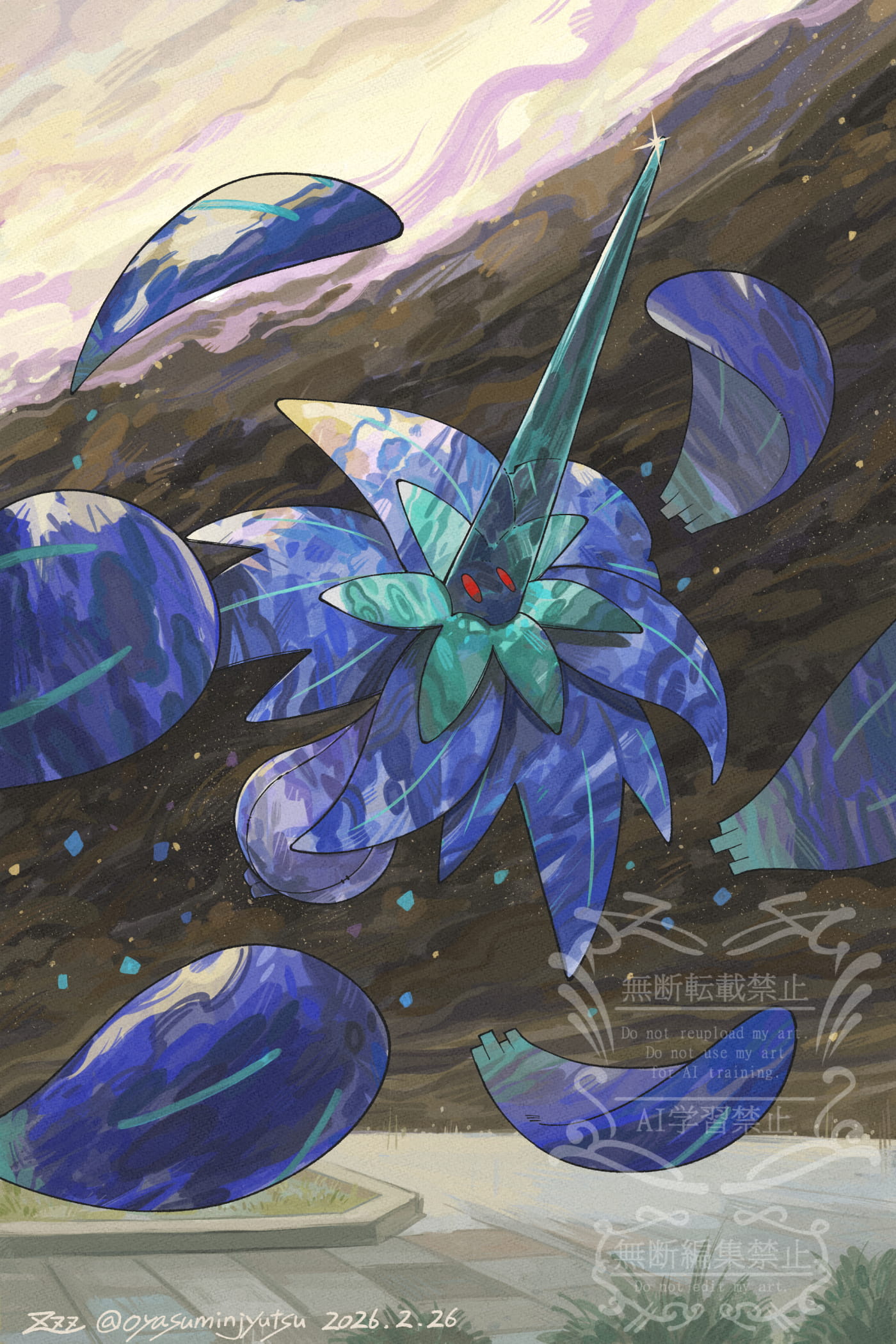 blue_skin, colored_sclera, colored_skin, commentary_request, floating, glimmora, highres, mega_glimmora, mega_pokemon, no_humans, oyasuminjyutsu, petals, pokemon, pokemon_(creature), pokemon_focus, pokemon_legends:_z-a, red_eyes, red_sclera, spikes