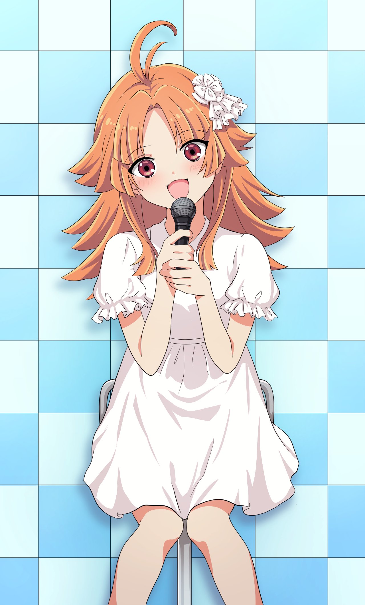 1girl, antenna_hair, artist_request, chair, commentary_request, dress, enma_ema, enmankaiketsu!_enma-chan, hair_ornament, highres, holding, holding_microphone, long_hair, microphone, official_art, on_chair, open_mouth, orange_hair, red_eyes, short_sleeves, sitting, solo, white_dress