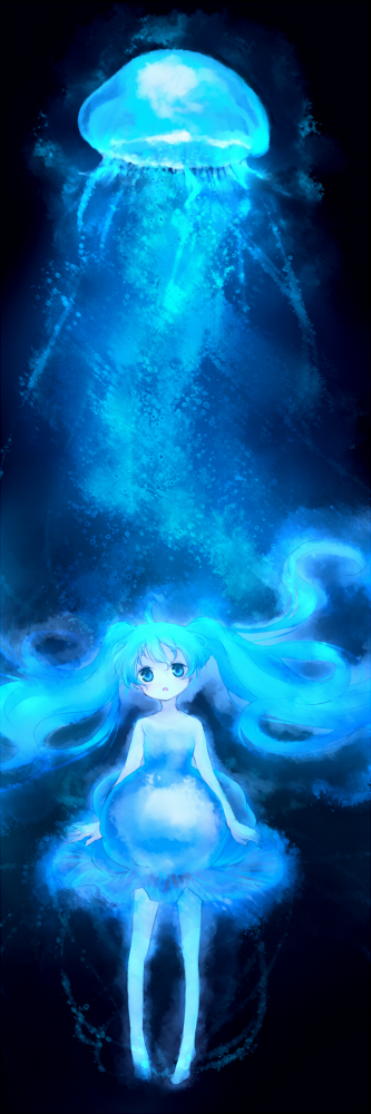 aqua_eyes, aqua_hair, child, dress, hatsune_miku, jellyfish, long_hair, medusa