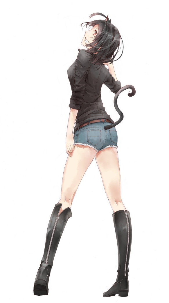 animal_ears, black_hair, boots, denim, denim_shorts, eida@renshuuchuu, from_behind, grin, jean_shorts, jeans, knee_boots, kneepits, looking_back, original, pink_eyes, short_hair, short_shorts, shorts, simple_background, smile, solo, standing, tail