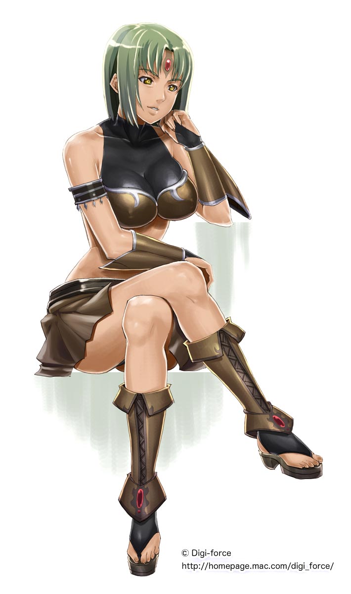bare_shoulders, breasts, bridal_gauntlets, chin_rest, collarbone, crossed_legs, ellison, facial_mark, forehead_mark, green_hair, halter_top, halterneck, haltertop, highres, kimura_tatsuki, legs_crossed, midriff, short_hair, sitting, skirt, solo, yellow_eyes