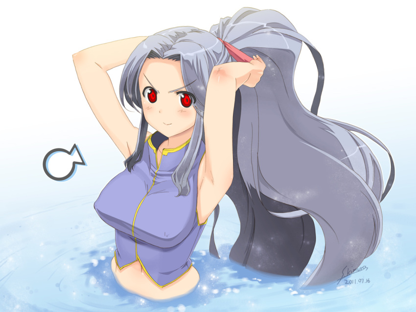 adjusting_hair, arksign, armpits, arms_up, breasts, erect_nipples, grey_hair, kimura_tatsuki