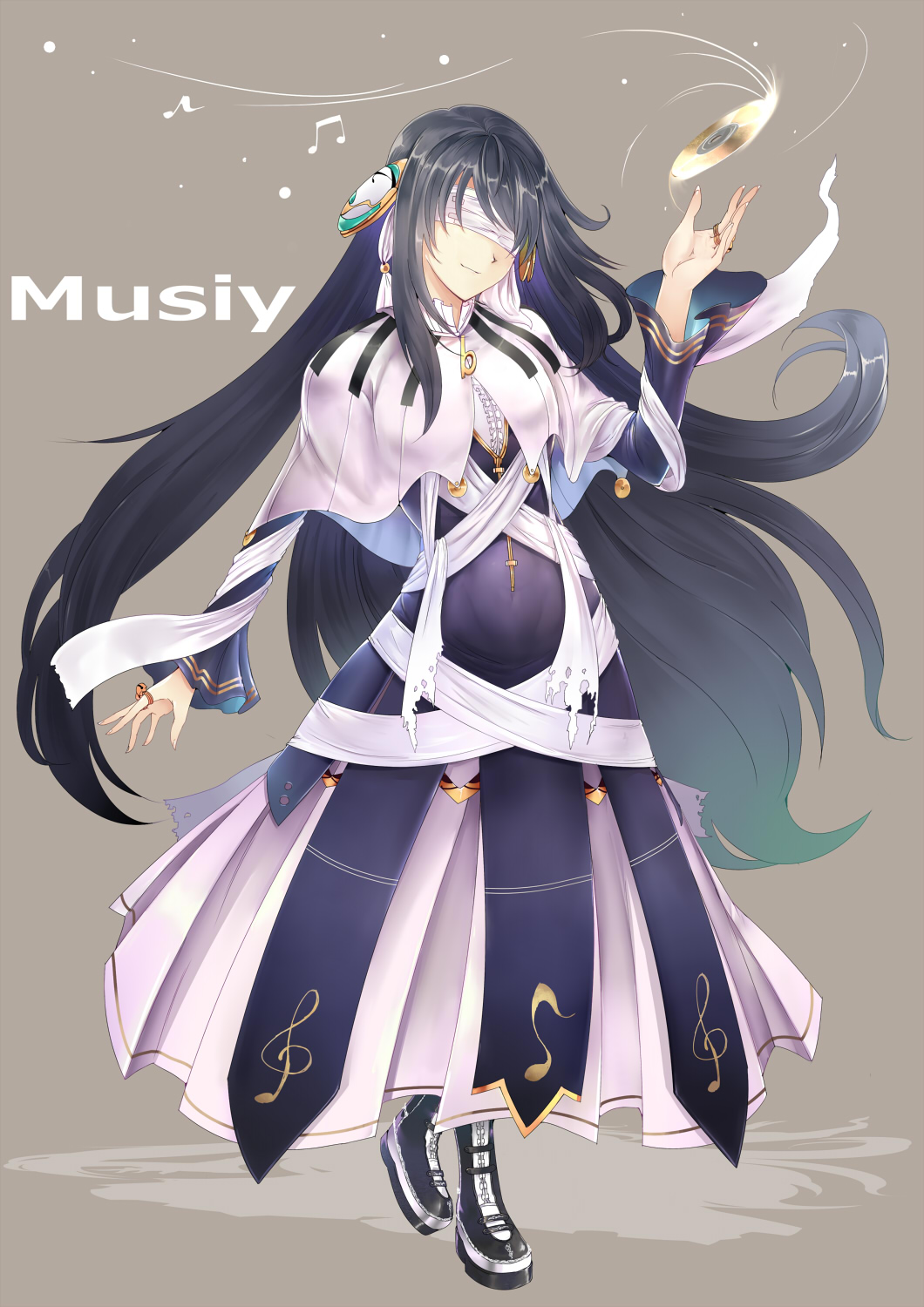black_hair, blindfold, boots, cd, dress, earrings, highres, jewelry, long_hair, musical_note, musiy, ring, shawl, shift:_sekai_wa_clear_wo_matteriru, simple_background, smile, solo, sts, treble_clef