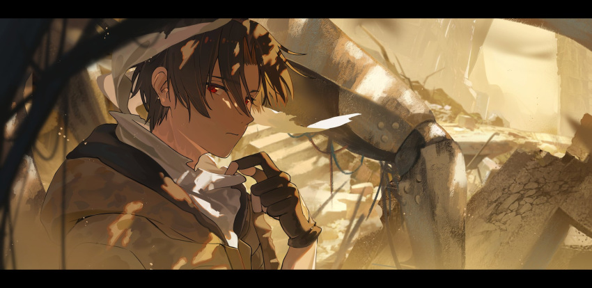 1boy, 86_-eightysix-, blurry, brown_jacket, camouflage, camouflage_jacket, depth_of_field, fingerless_gloves