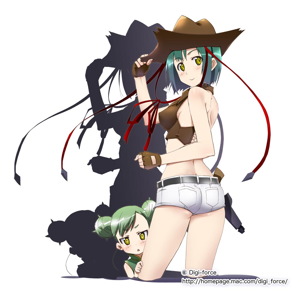 2girls, arksign, ass, bare_back, bare_shoulders, blush, buns, bustier