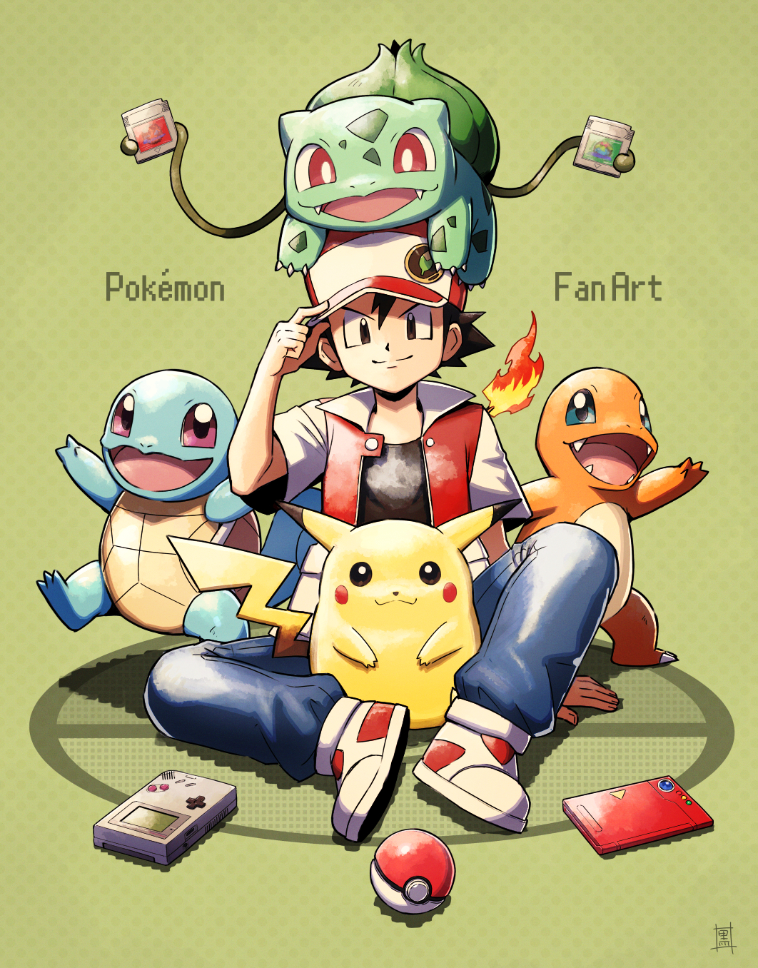 1boy, baseball_cap, black_hair, black_shirt, blue_pants, bulbasaur, charmander, commentary_request