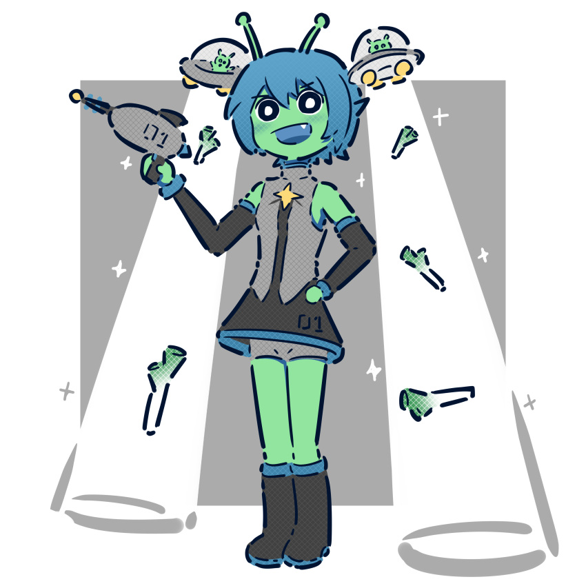 1girl, absurdres, adapted_costume, alien, alien_miku_(zambiie), alternate_species, antennae, bare_shoulders