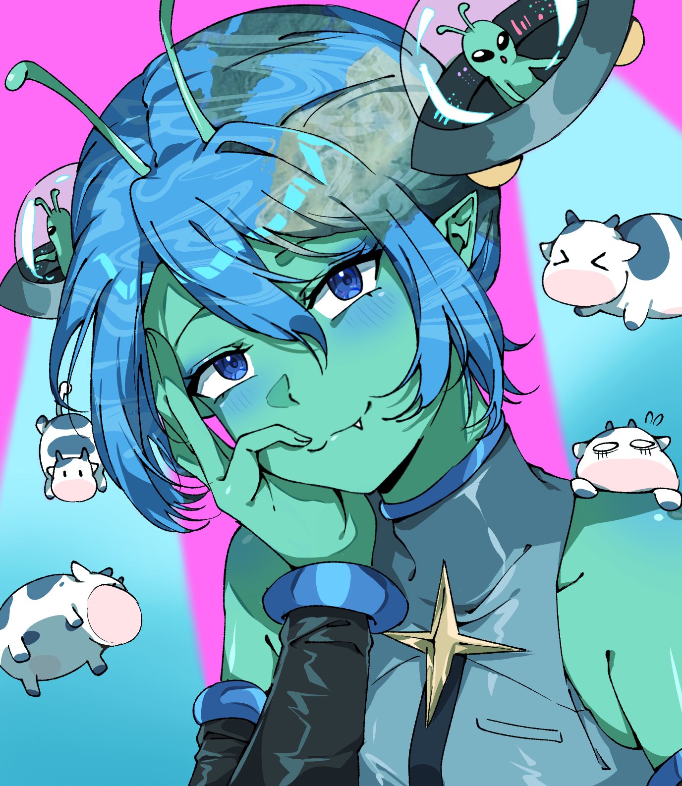 1girl, :3, alien, alien_miku_(zambiie), alternate_species, antennae, aqua_hair, black_sleeves