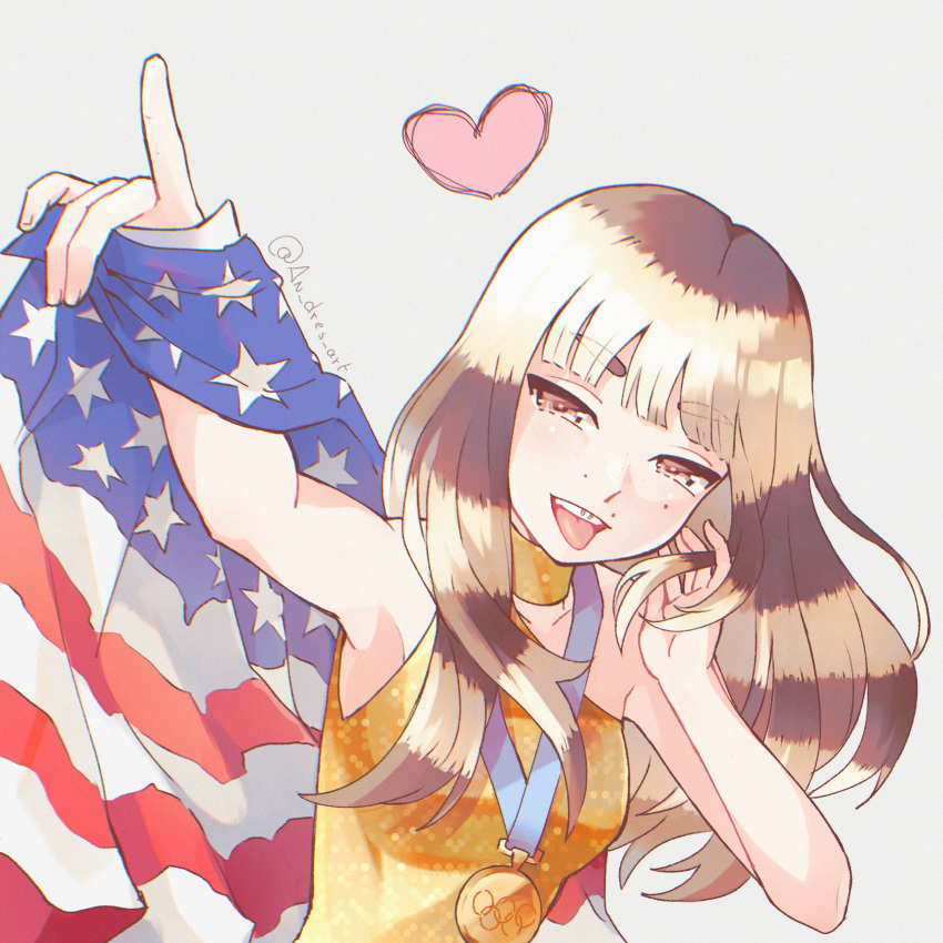 1girl, 2026_winter_olympics, absurdres, alysa_liu, american_flag, an_dres_art, blonde_hair, brown_hair