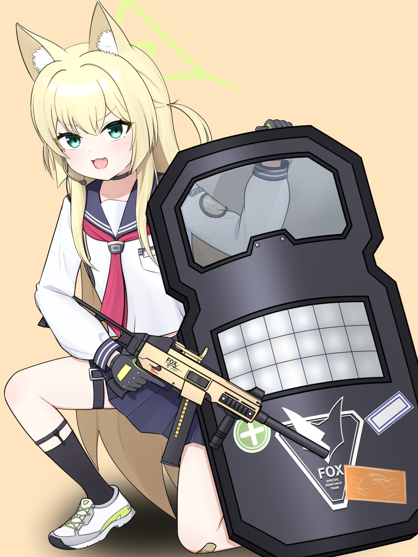 1girl, :3, :d, absurdres, animal_ear_fluff, animal_ears, asuparuch, ballistic_shield, bandaid, bandaid_on_knee, bandaid_on_leg, black_choker, black_gloves, black_sailor_collar, black_skirt, black_socks, blonde_hair, blue_archive, blush, choker, commentary_request, cross-laced_shoes, dual_wielding, fang, fighting_stance, fox_ears, fox_girl, full_body, gloves, green_eyes, green_halo, gun, hair_between_eyes, halo, hand_up, highres, holding, holding_gun, holding_shield, holding_weapon, kneehighs, kurumi_(blue_archive), long_hair, long_sleeves, looking_at_viewer, miniskirt, neckerchief, on_one_knee, open_mouth, orange_background, pleated_skirt, red_neckerchief, sailor_collar, sailor_shirt, school_uniform, serafuku, shadow, shield, shirt, shoes, sidelocks, simple_background, skirt, smile, smug, sneakers, socks, solo, straight_hair, thigh_strap, triangle_halo, two-sided_gloves, two_side_up, v-shaped_eyebrows, very_long_hair, weapon, white_shirt, white_shoes