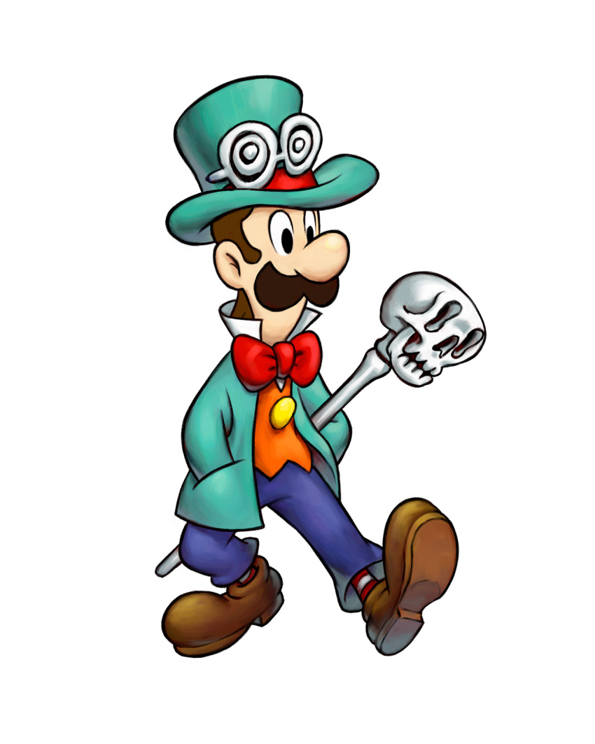 1boy, alternate_costume, black_eyes, bow, bowtie, brown_hair, cane, clothing_request, collared_shirt, commentary, eyewear_on_head, facial_hair, full_body, green_hat, hands_in_pockets, hat, highres, holding, holding_cane, luigi, mario_&amp;_luigi_rpg, masanori_sato, mustache, popped_collar, red_bow, red_bowtie, shirt, simple_background, skull, solo, super_mario_bros., top_hat, untranslatable_commentary, walking, white_background