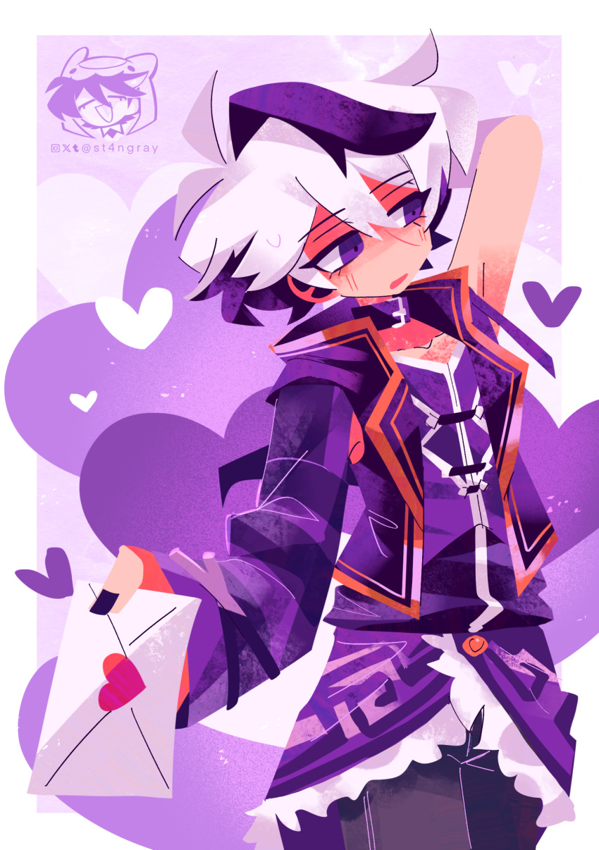arm_up, artist_logo, bell, black_pants, border, commentary, dress, embarrassed, envelope, flower_(vocaloid), flower_(vocaloid4), highres, holding, holding_envelope, incoming_letter, jacket, logo, looking_at_viewer, multicolored_hair, neck_bell, outside_border, pants, purple_background, purple_dress, purple_hair, purple_jacket, short_hair, st4ngray, two-tone_hair, valentine, violet_eyes, vocaloid, white_border, white_hair