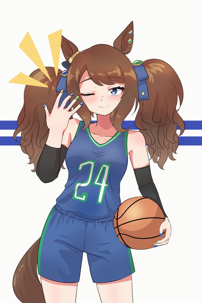 1girl, animal_ears, ball, basketball, basketball_jersey, blackuma, blue_eyes, blush