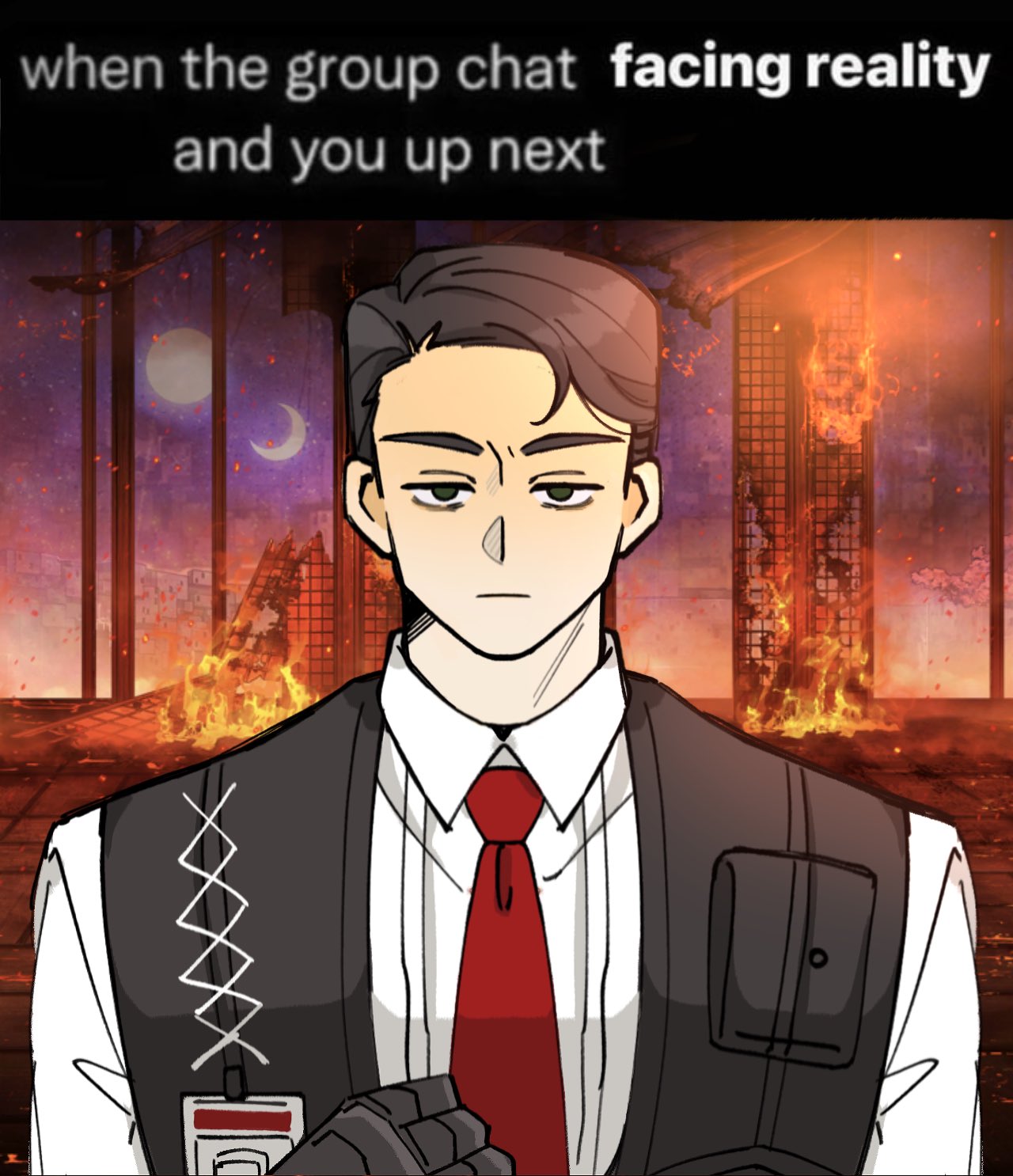 1boy, black_eyes, black_hair, black_vest, closed_mouth, collared_shirt, game_screenshot_inset, gauntlets