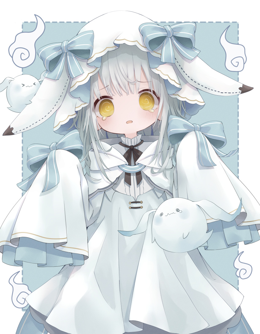 1girl, @_@, absurdres, aqua_background, black_ribbon, border, cowboy_shot, dress