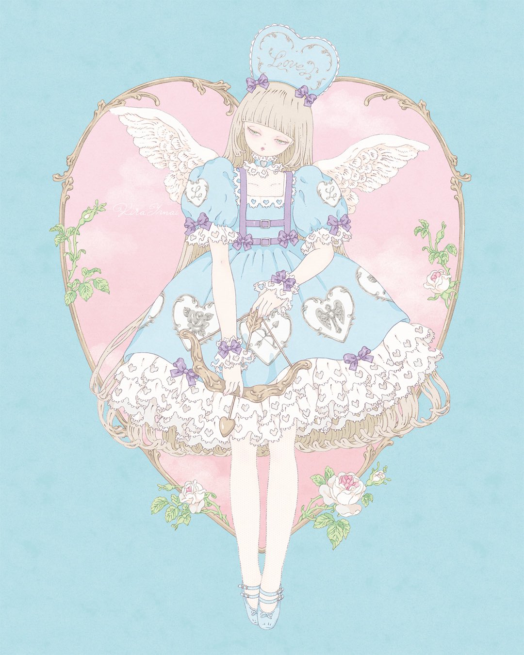 1girl, angel_wings, belt, blonde_hair, blue_background, blue_choker, blue_dress, blue_shoes